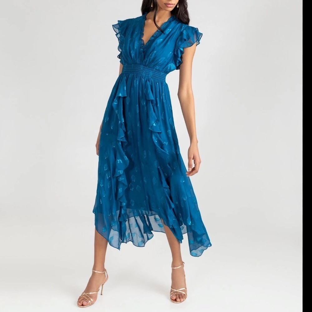 Shoshanna Midnight Maxine Metallic Ruffle Midi Flowy Dress Dark Cerulean Blue 12